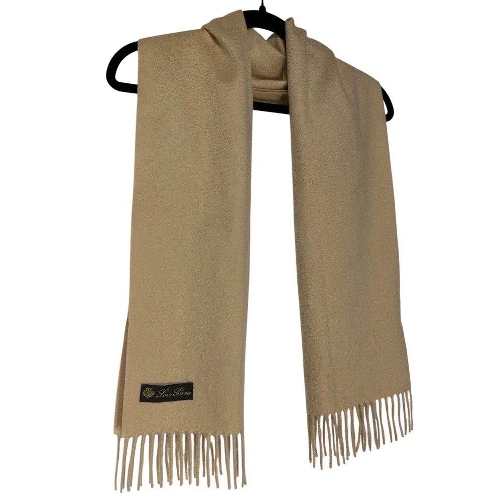 Loro Piana 100% Cashmere Made in Italy Fringed Scarf Tan Beige 54